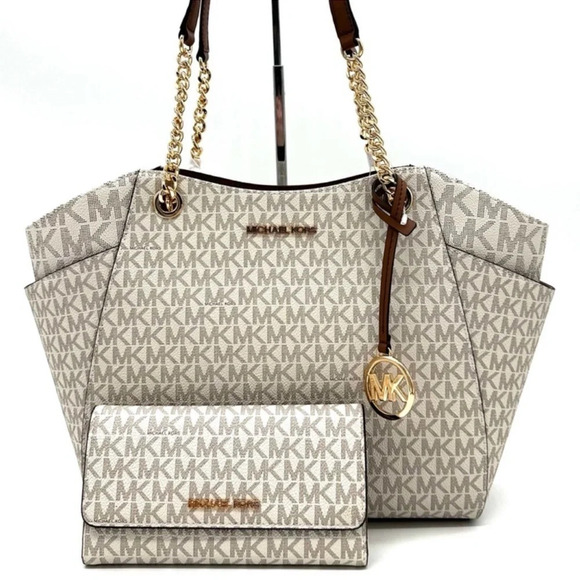 Michael Kors Large Jet Set Travel Chain Shoulder Bag & Trifold Wallet Vanilla - Picture 2 of 14